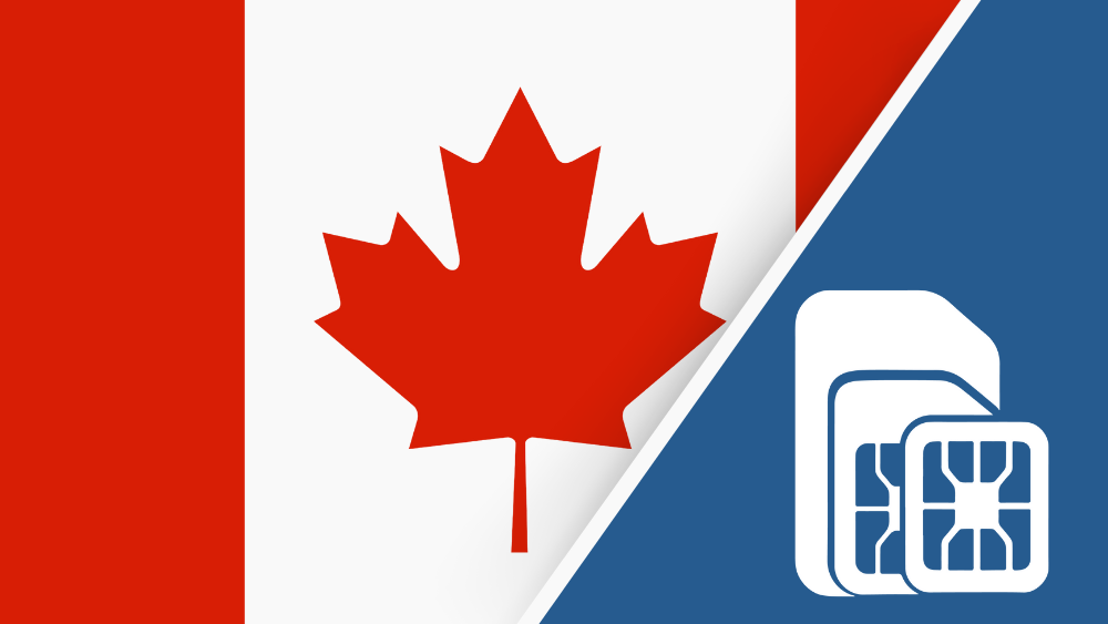 Canada SIM Card – Travel connectivity for Canada. Image featuring the Canadian flag and a SIM card icon.
