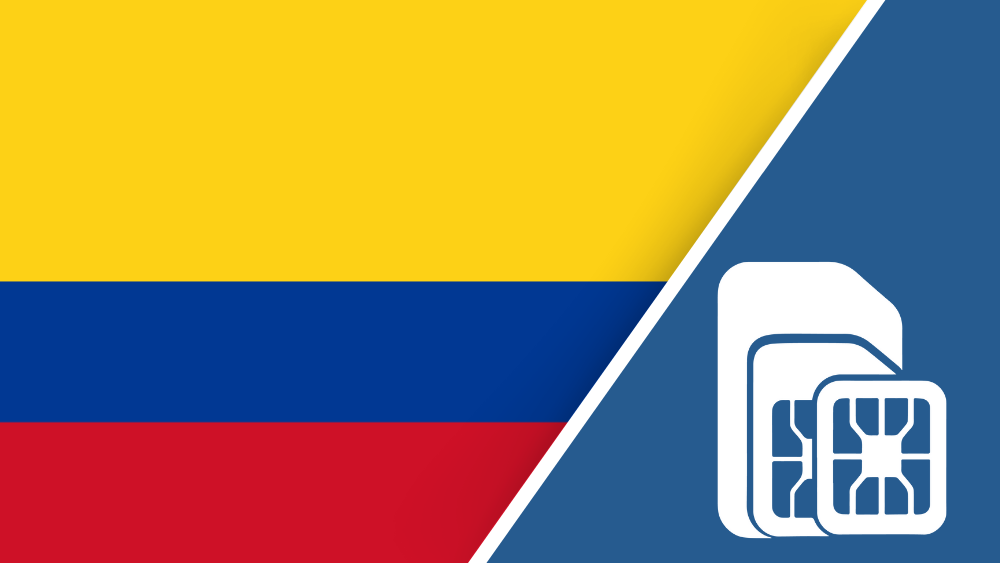 Colombia SIM Card – Travel connectivity for Columbia. Image featuring the Columbian flag and a SIM card icon.