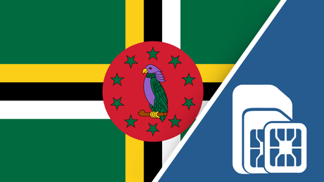 Dominica SIM Card – Travel connectivity for Dominica. Image featuring the American flag and a SIM card icon.