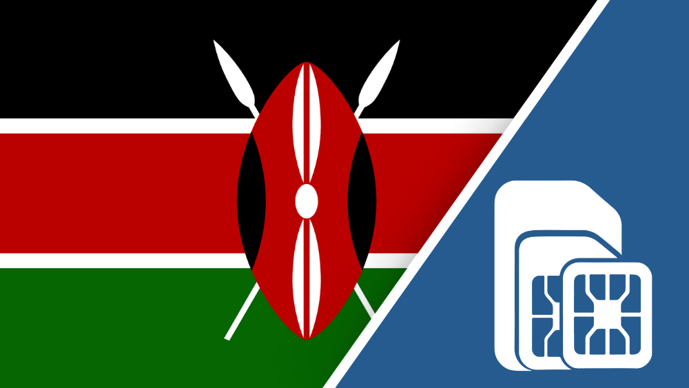 Kenya SIM Card – Travel connectivity for Kenya. Image featuring the Kenya flag and a SIM card icon.