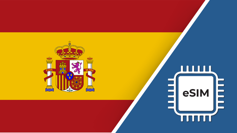 eSIM – Travel connectivity for Spain. Image featuring the Spain flag and an eSIM icon.