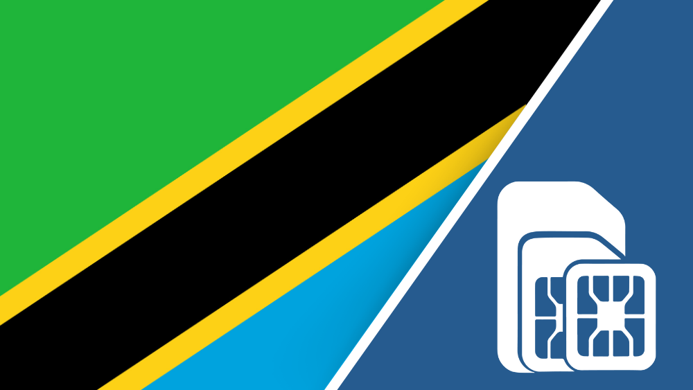 Tanzania SIM Card – Travel connectivity for Tanzania. Image featuring the Tanzanian flag and a SIM card icon.