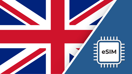 eSIM – Travel connectivity for The UK. Image featuring the UK flag and an eSIM icon.